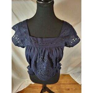 New Crossland Cropped Navy Eyelet  Blouse Cotton Boho Indie